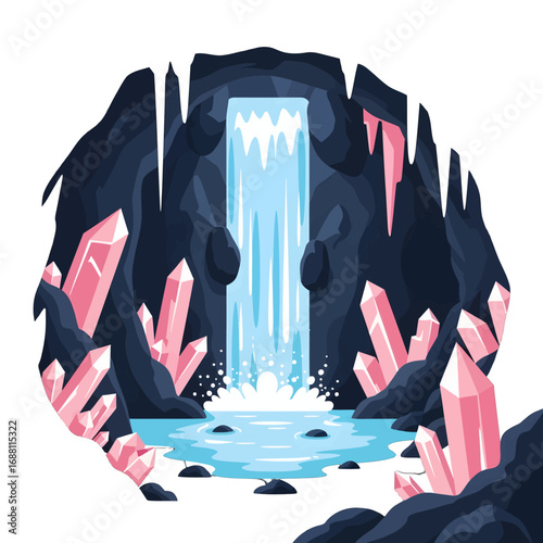 Pixel Art Waterfall Cascade in Dark Cave with Pink Crystals and Turquoise Pool Against White Background with Blocky Texture Aesthetic