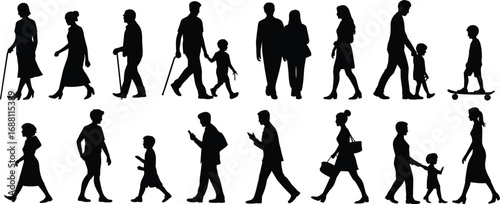 Silhouette people walking, diverse crowd, urban lifestyle, family, children, elderly, scooter, phone use, daily life, flat vector illustration, street scene, diversity