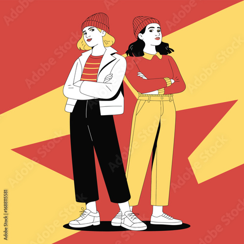 Bold woman looking upward with red, yellow, and cream background in retro color scheme, empowering pop art portrait illustration