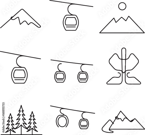 mountain, ski, resort, and, winter, vacation, elements, in, a, continuous, line, art, style, for, travel, and, tourism, designs, vector