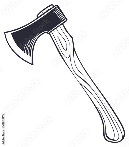 Vintage monochrome illustration of a classic wood handled axe or hatchet tool