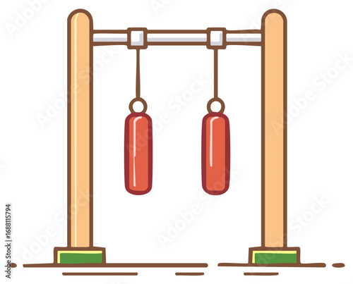 Illustrative punching bag set for children outdoor fitness activity, cartoon style equipment for playgrounds or recreational.