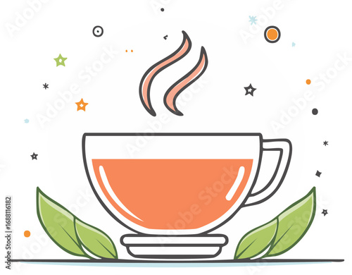 Steaming cup of herbal tea with leaves and decorative elements