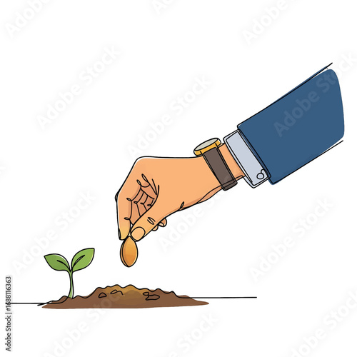 Hand Planting a Seedling in Brown Soil Symbolic of New Growth and Business Investment with Blue Sleeve and Golden Watch on a White Background