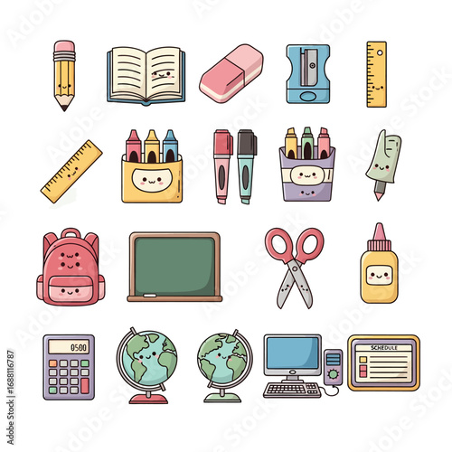 A whimsical collection of cute kawaii school supply characters for education