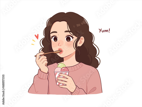 Woman eating ice cream from a cup. Vector design illustrations