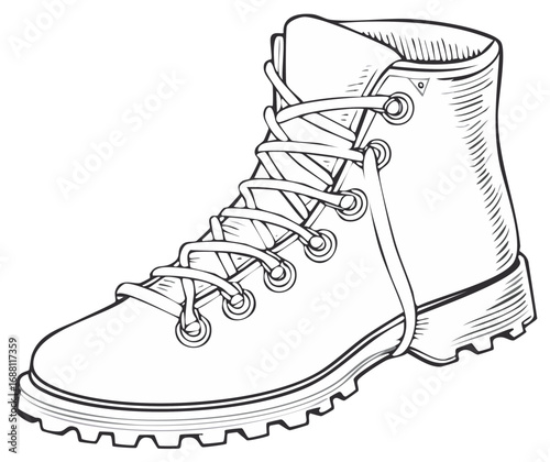 Hiking Boot Contour Drawing with Laces: Outdoor Adventure Footwear Line Art Illustration