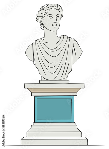 Ancient Greek goddess statue bust on a stone pedestal, classical art vector illustration