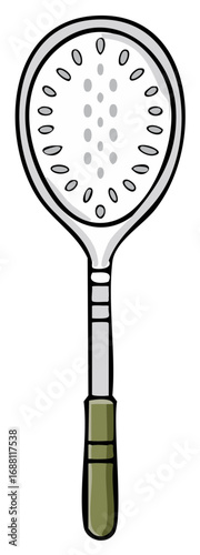 Hand drawn cartoon kitchen utensil slotted spoon or skimmer with olive green handle