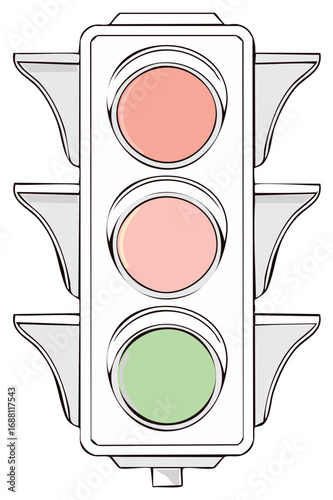 Traffic light illustration with red, yellow, and green lights illuminated, showing safe road traffic