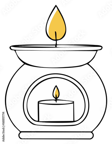 Simple line art illustration of an aromatherapy oil burner with a burning candle