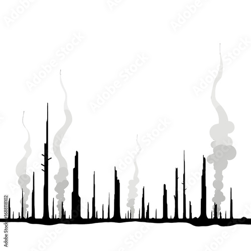 Burnt Trees Silhouettes with Smoke Against a White Background Landscape Illustration of Aftermath of Devastation and Environmental Disaster