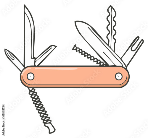 Illustration of a versatile folding multi-tool with various blades corkscrew and other tools, perfect for outdoor activities or everyday carry