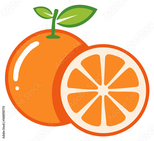 Vibrant orange fruit with leaves and a cross-section showing juicy segments