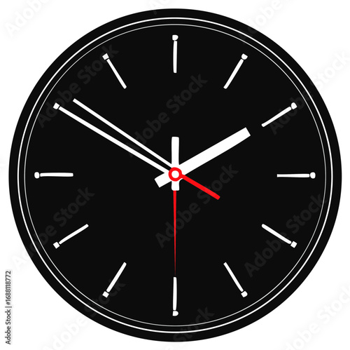 Black wall clock illustration with white hands and red second hand