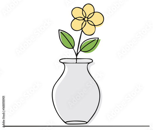Minimalist continuous line art illustration of a single yellow flower in a vase
