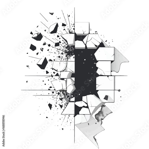 Cracked White Wall with Gray Interior in Destruction Style and Scattered Debris Illustration for Conceptual Backgrounds