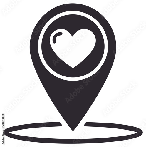 Simple black location pin with a heart symbol representing a favorite place or loved destination icon
