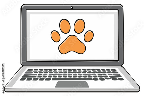 Laptop Screen Displays Animal Paw Print Graphic For Veterinary Clinic or Pet Services