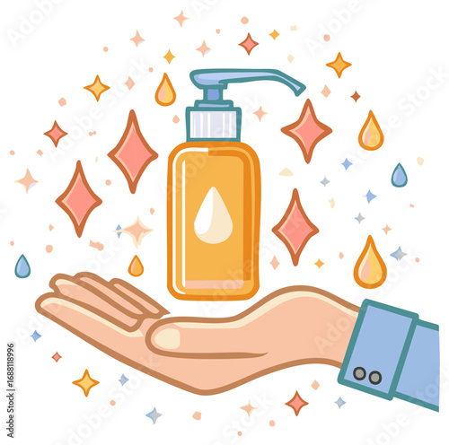 Hand holding dispenser bottle with shimmering liquid drops and sparkling stars