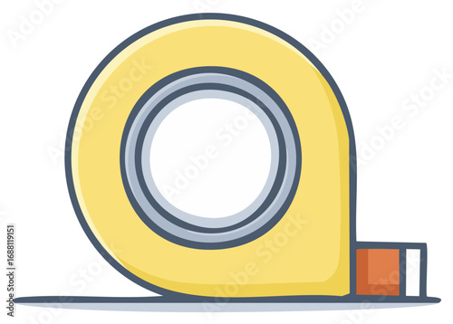 Illustration of yellow masking tape roll, dispenser with brown cutter. Isolated clip art depicting adhesive tool