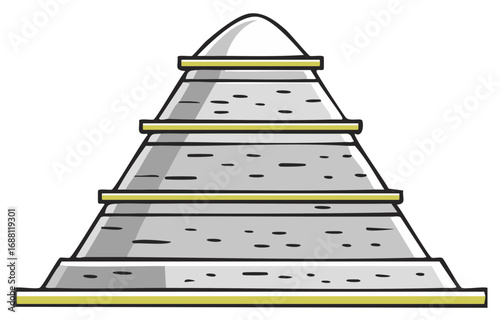 Cartoon illustration of an ancient stepped pyramid monument with layered architectural design