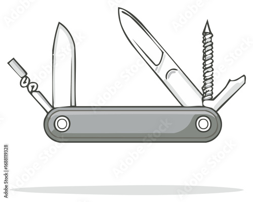 Open multifunction pocket knife with blade corkscrew and opener tool illustration