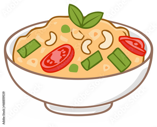 Cartoon illustration of a bowl of Asian food with rice, cashews, and vegetables