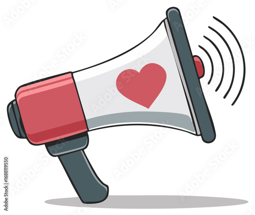 Vibrant cartoon megaphone with a red heart symbol broadcasting an important message and sound waves