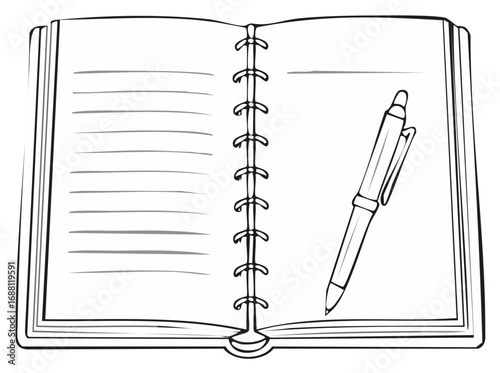 Open blank notebook with lined pages and a pen on the right side illustration