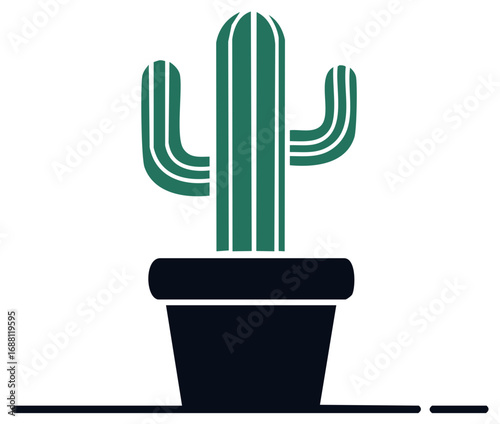 Stylized green cactus in a black pot on a white background