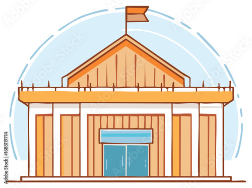 Illustration of a Courthouse or City Hall Building with Architectural Details and a Small Flag on Top