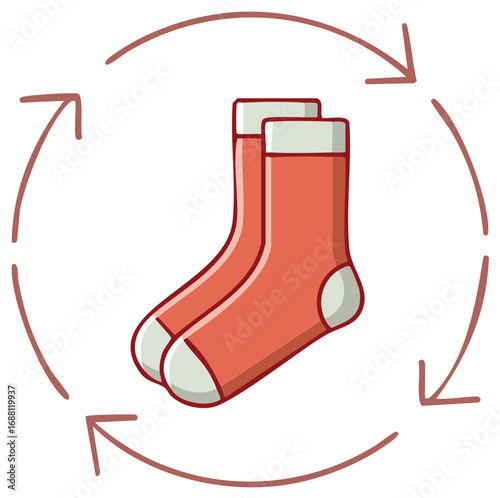 Pair of Cartoon Socks Encircled by Recycling Arrows Illustrating Clothing Recycling