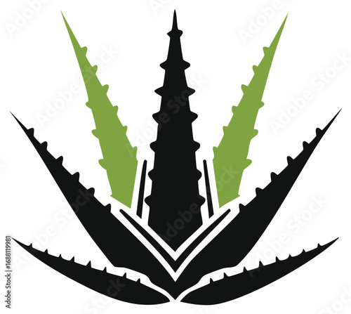 Stylized illustration of an aloe vera plant with green and black leaves in a logo-style design.