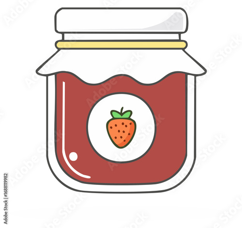Cute strawberry jam jar illustration with a fruit label ideal for sweet breakfast food concepts