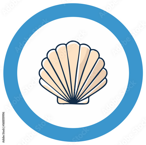 Scallop seashell icon in a blue circle frame vector illustration Marine life and summer beach symbol