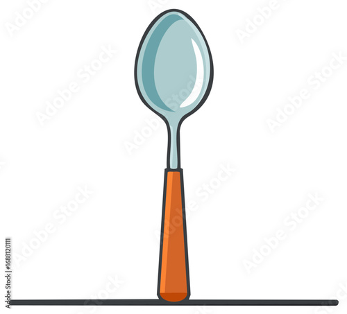 A graphic illustration of a single spoon with a teal bowl and an orange handle, standing upright.