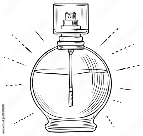 Hand drawn black and white illustration of a classic round perfume bottle. Sketch style line art of a fragrance spray container.