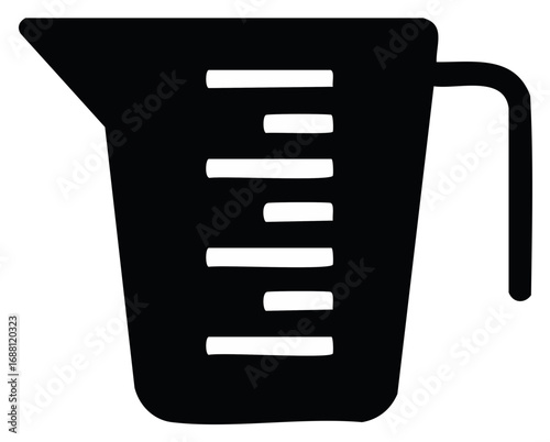 Black graphic of a measuring cup with clear markings for liquids and ingredients