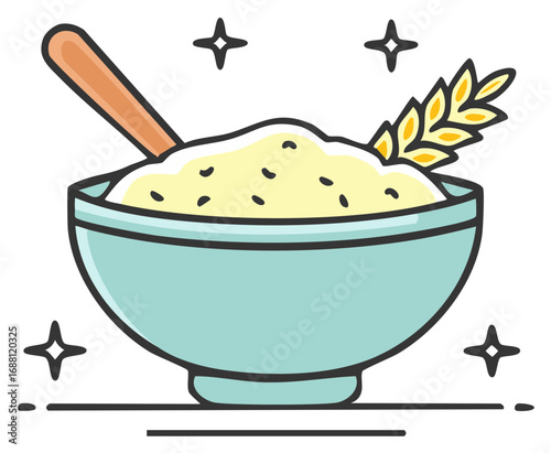 Cartoon illustration of a bowl of oatmeal with spoon and wheat