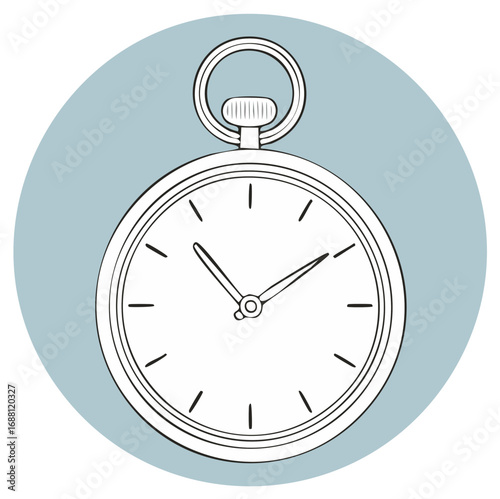 Hand drawn vintage pocket watch illustration. Classic antique timepiece sketch icon on a blue circle.