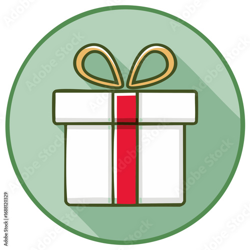 Stylized gift box with ribbon and bow in green circle: Illustration of present, holidays, celebration, giving
