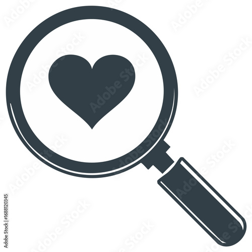 Magnifying glass over a heart icon, a symbol for searching for love, online dating, and romance