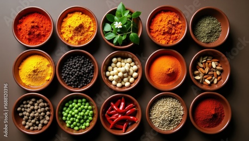 A flatlay showcasing fifteen small, terracotta bowls filled with an assortment of vibrant spices, seeds, and chilies; arranged neatly on a dark brown surface 