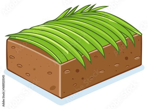 Block of earth with green grass blades isometric vector illustration