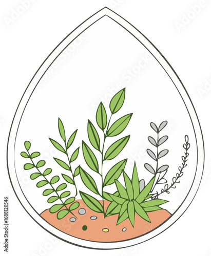 Whimsical Terrarium Illustration Featuring Various Succulent Plants and Gravel