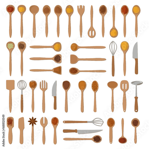 Collection of Wooden Kitchen Utensils on White Background in Flat Lay Arrangement with Spoons Whisks and Knives Displayed in Organized Style