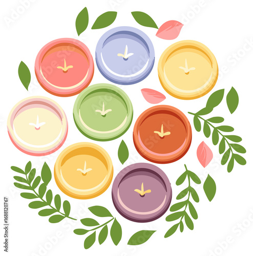 Pastel colored circles arrangement with floral leaves, decorative design pattern