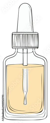 Hand drawn illustration of a glass dropper bottle filled with yellow liquid for cosmetics or essential oils