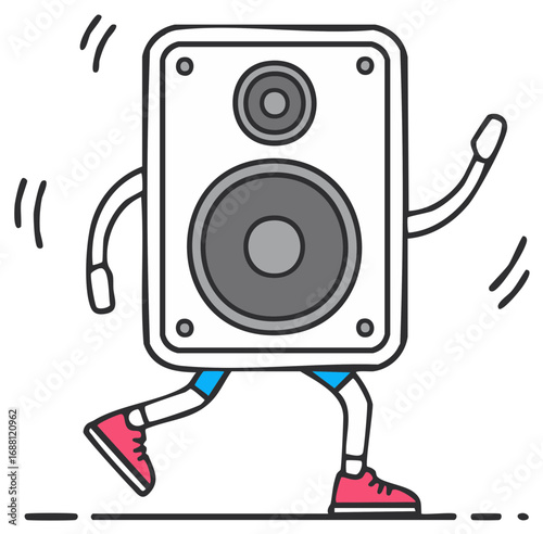 Animated speaker character running with soundwaves music audio concept graphic design element full body shot motion vector illustration